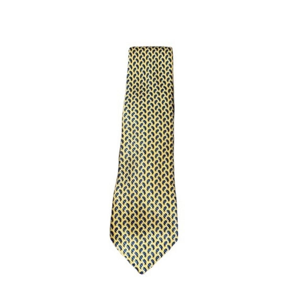 Burberry London Classic Yellow‎ & Navy Blue Print 100% Silk Neck Tie